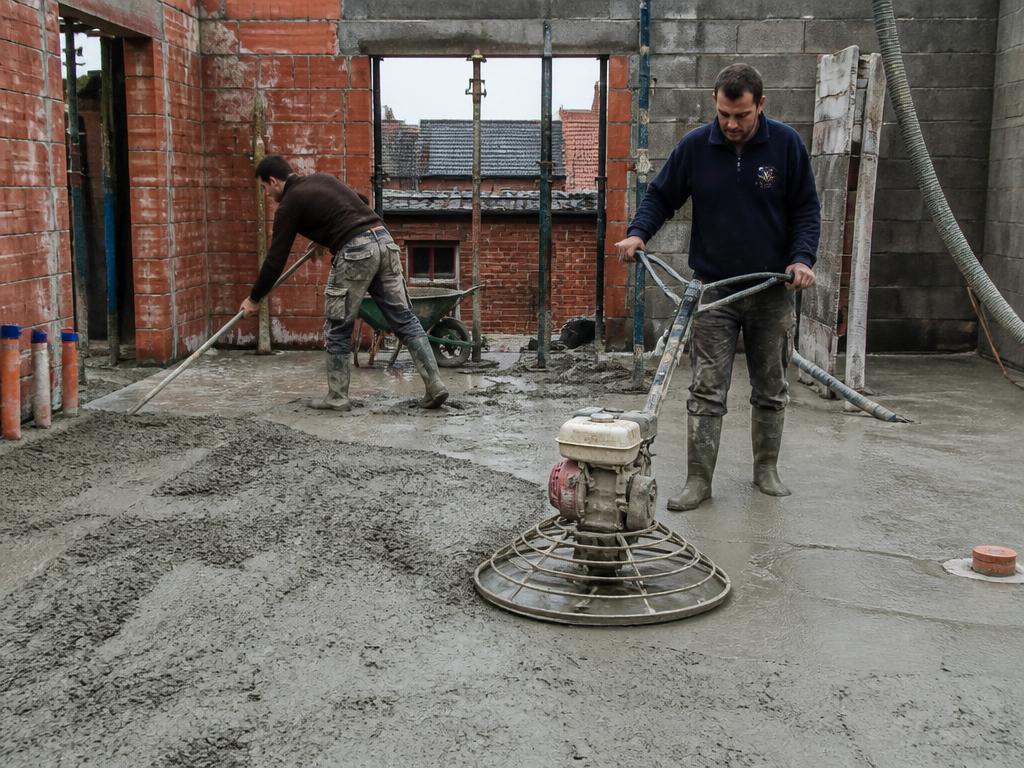 Vaklui storten en polieren een betonvloer op een werf in Antwerpen