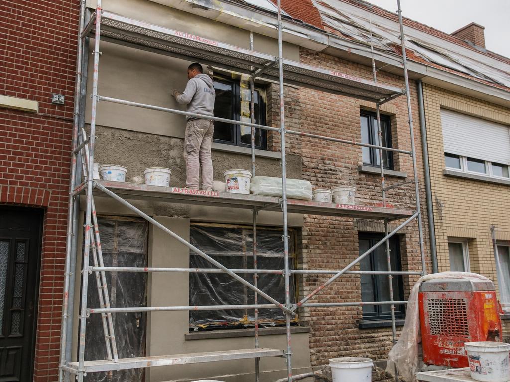 Steiger tegen een woning tijdens gevelrenovatie in Antwerpen